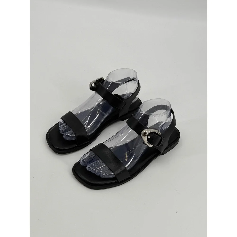 Cushionaire Womens Black Square Toe Sandals Silver Buckle Ankle Strap Size 7M